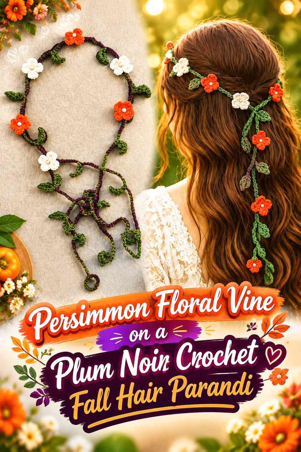 Persimmon Floral Vine on a Plum Noir Crochet Fall Hair Parandi