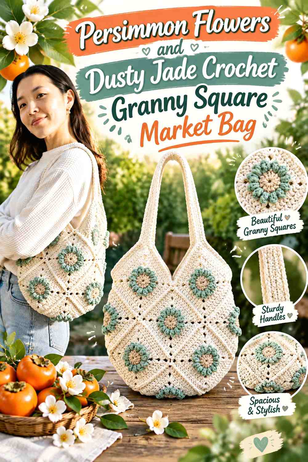 Persimmon Flowers and Dusty Jade Crochet Granny Square Market Bag