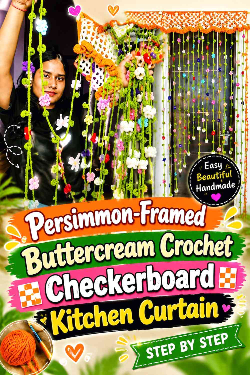 Persimmon-Framed Buttercream Crochet Checkerboard Kitchen Curtain