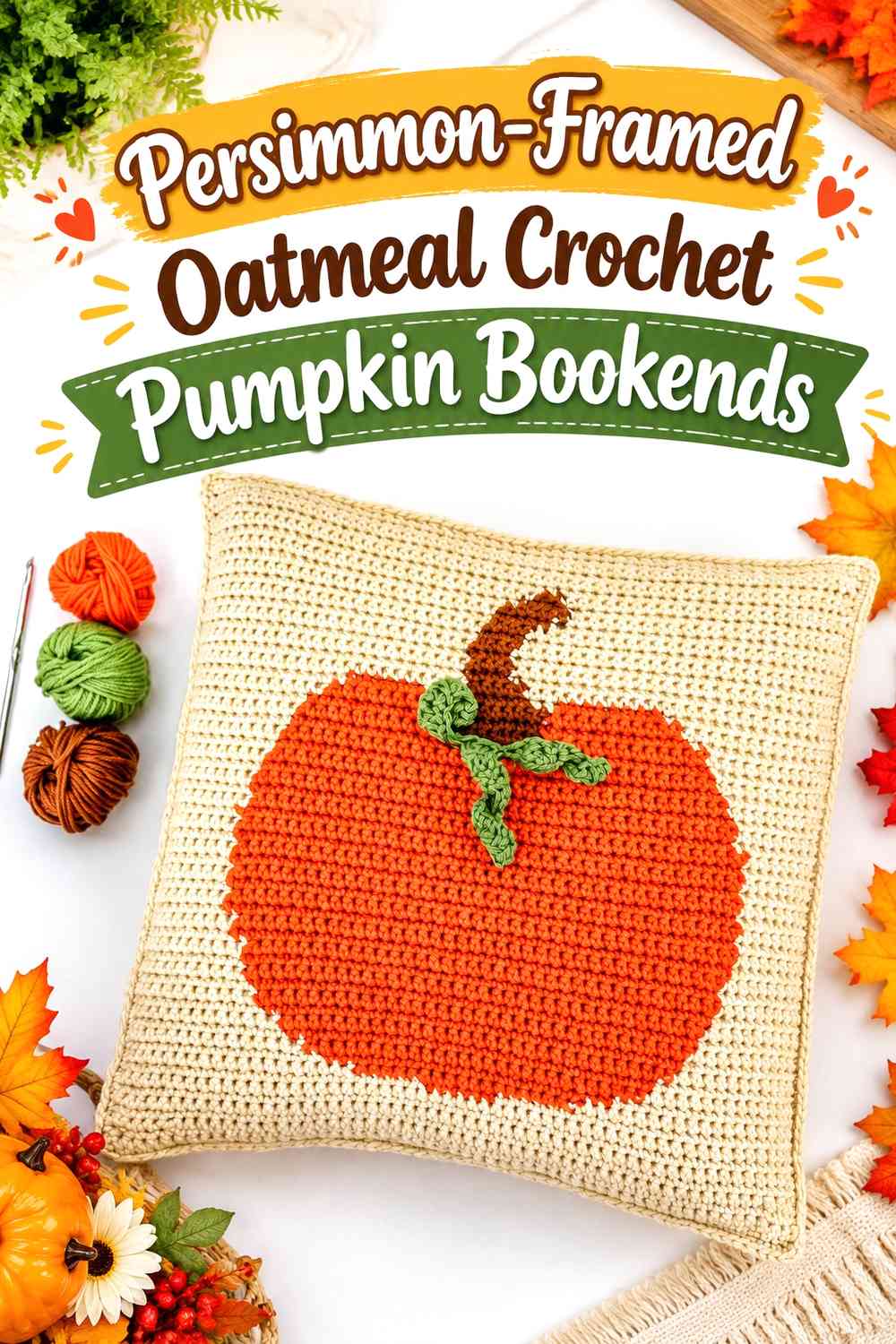 Persimmon-Framed Oatmeal Crochet Pumpkin Bookends