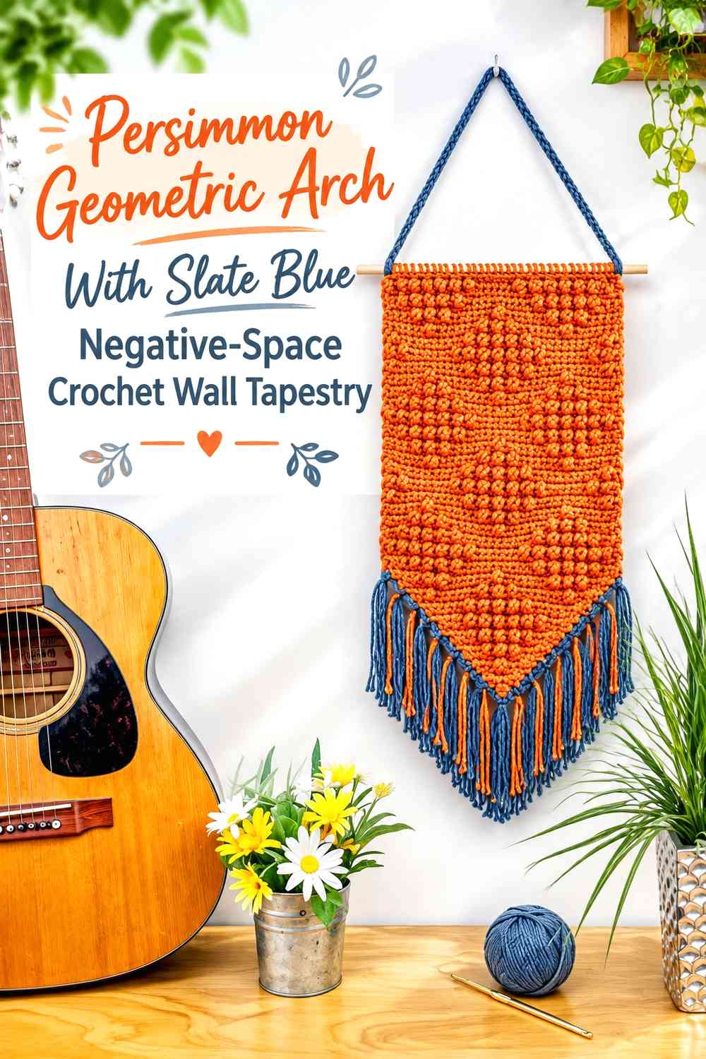 Persimmon Geometric Arch With Slate Blue Negative-Space Crochet Wall Tapestry