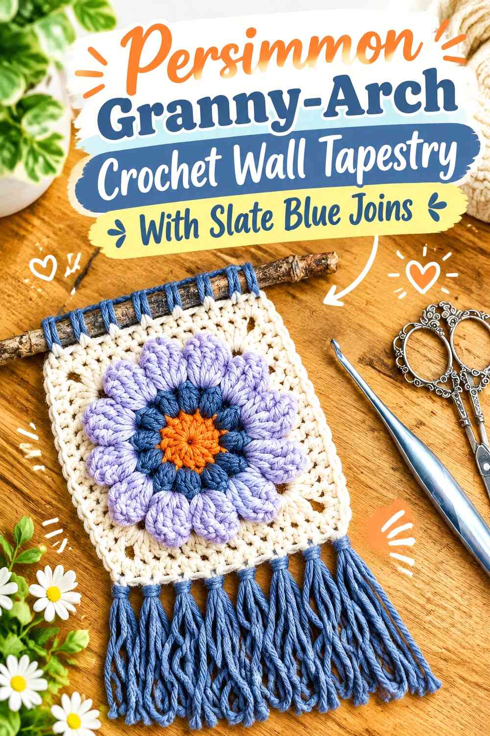 Persimmon Granny-Arch Crochet Wall Tapestry With Slate Blue Joins