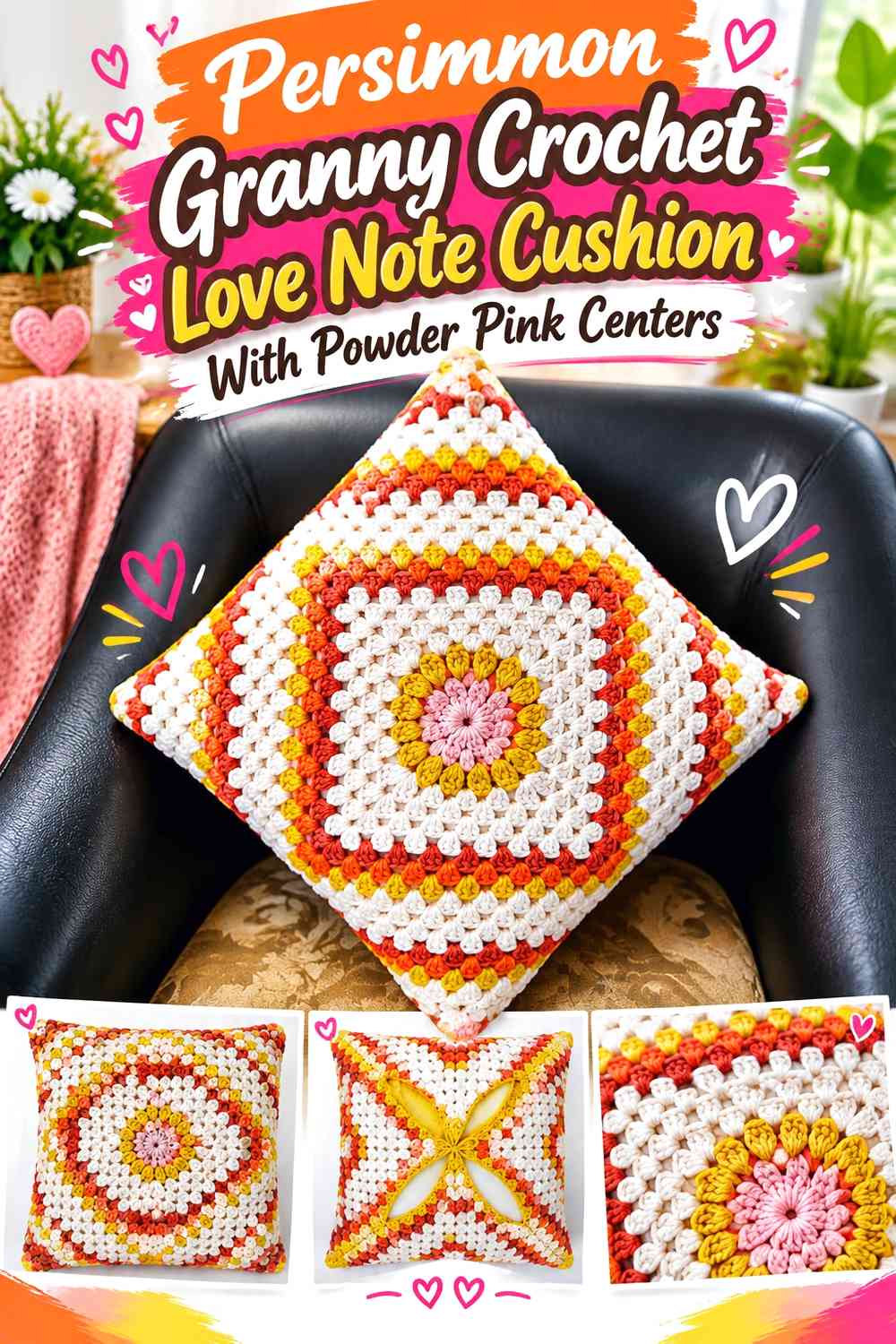 Persimmon Granny Crochet Love Note Cushion With Powder Pink Centers