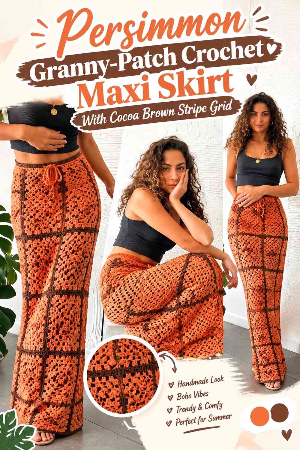 Persimmon Granny-Patch Crochet Maxi Skirt With Cocoa Brown Stripe Grid