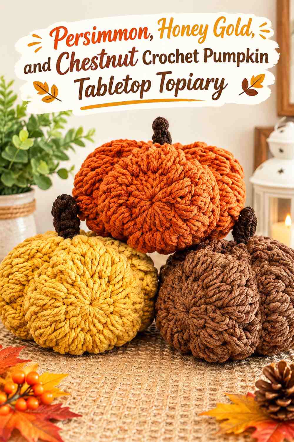 Persimmon, Honey Gold, and Chestnut Crochet Pumpkin Tabletop Topiary