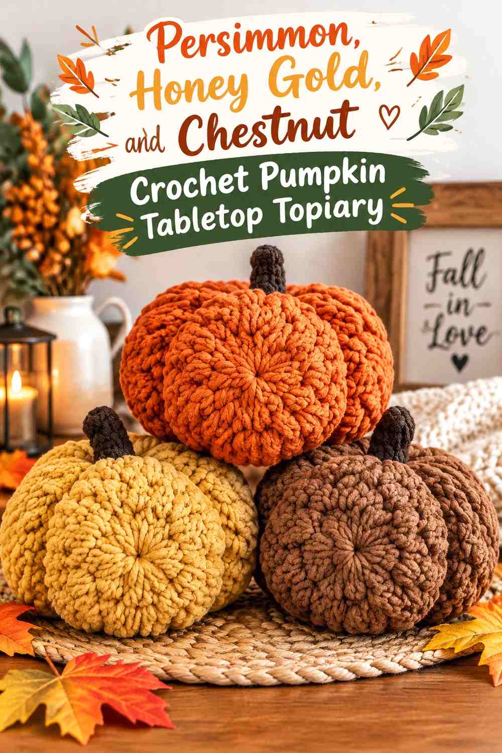 Persimmon, Honey Gold, and Chestnut Crochet Pumpkin Tabletop Topiary