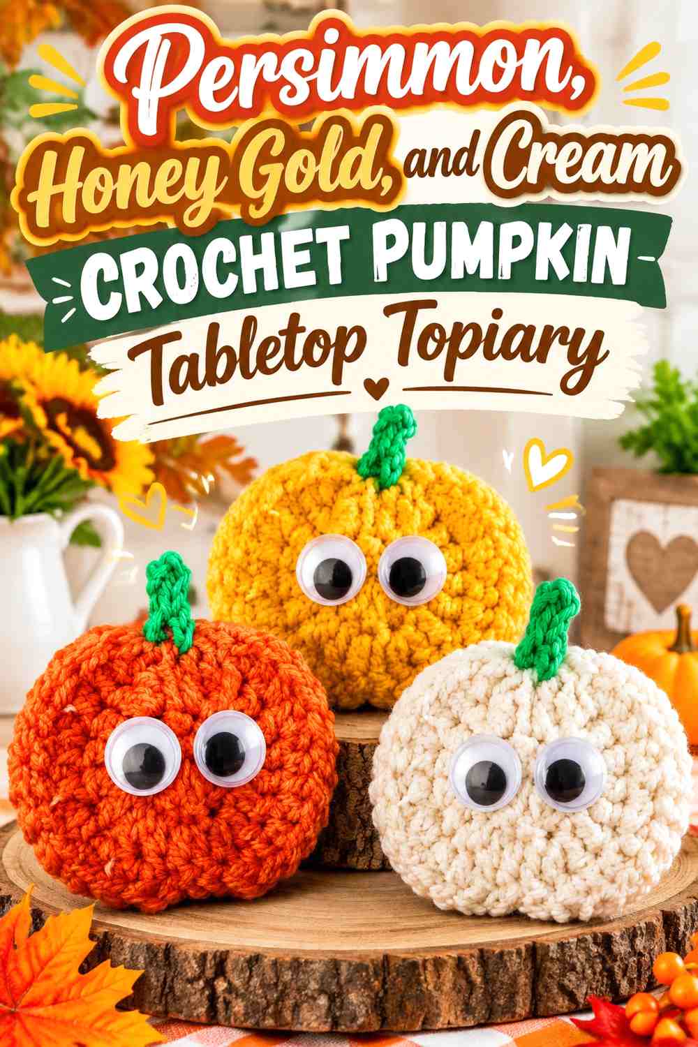 Persimmon, Honey Gold, and Cream Crochet Pumpkin Tabletop Topiary