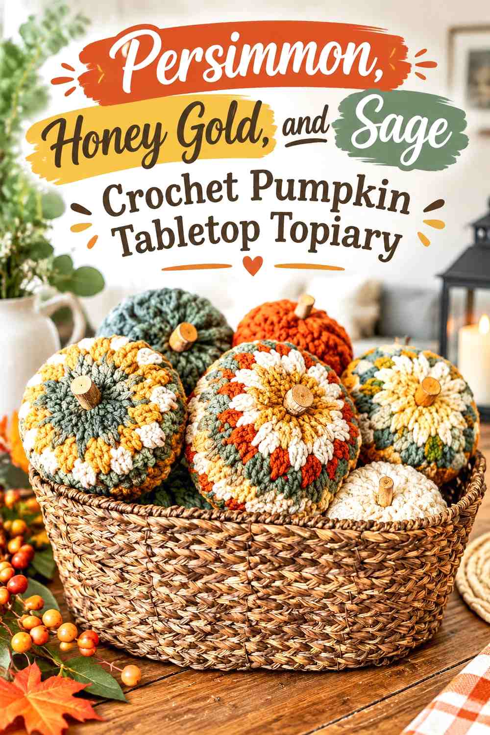 Persimmon, Honey Gold, and Sage Crochet Pumpkin Tabletop Topiary