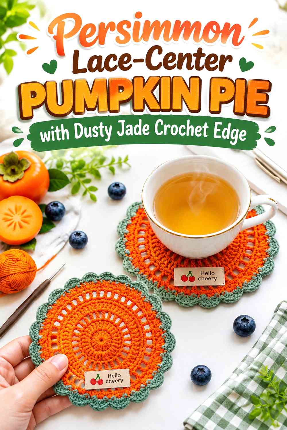 Persimmon Lace-Center Pumpkin Pie with Dusty Jade Crochet Edge