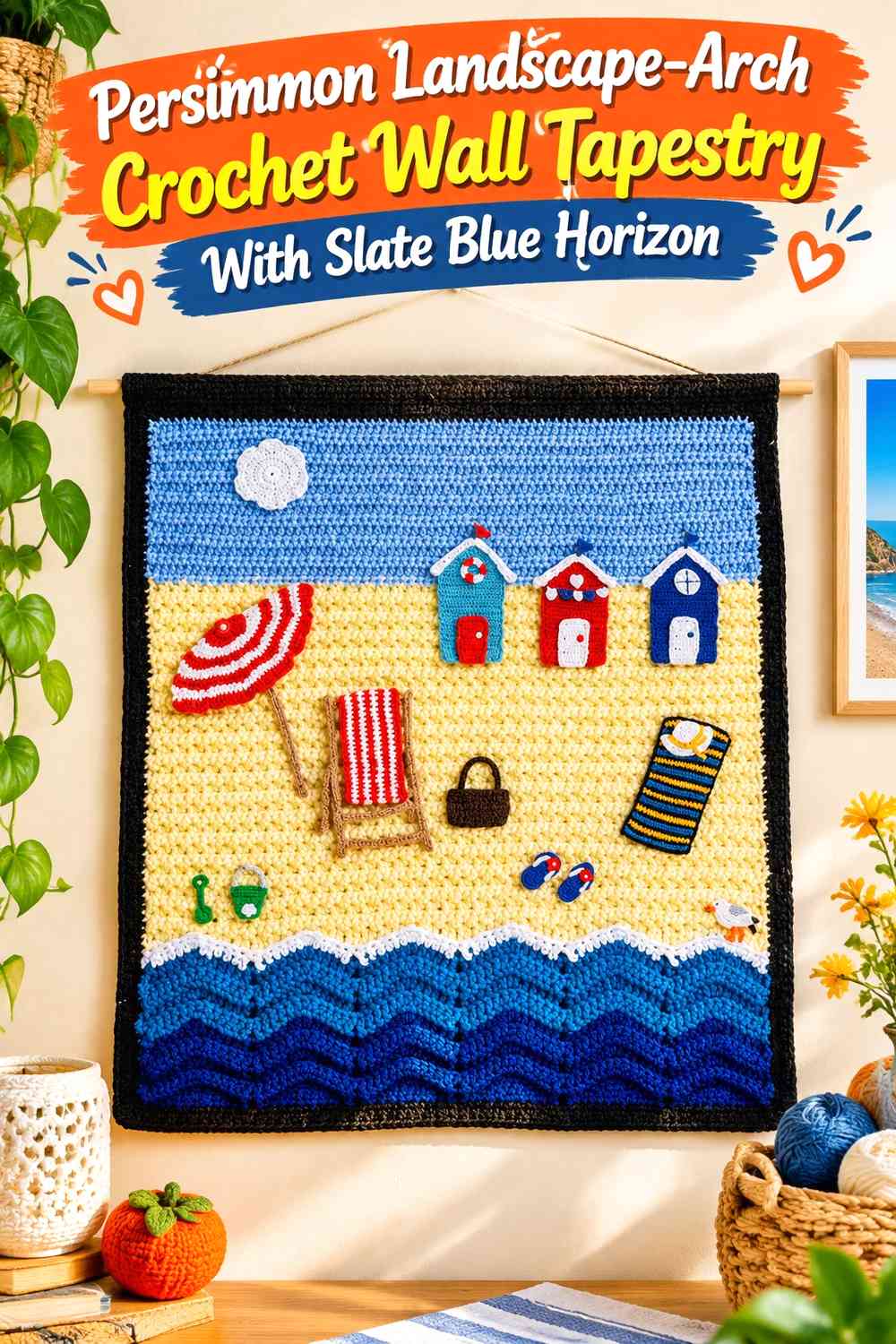 Persimmon Landscape-Arch Crochet Wall Tapestry With Slate Blue Horizon