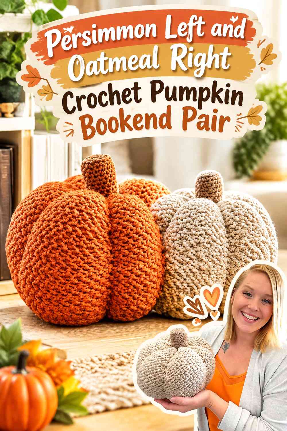 Persimmon Left and Oatmeal Right Crochet Pumpkin Bookend Pair
