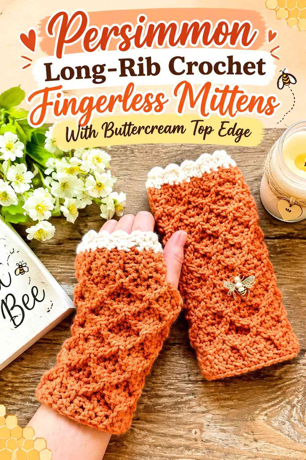 Persimmon Long-Rib Crochet Fingerless Mittens With Buttercream Top Edge