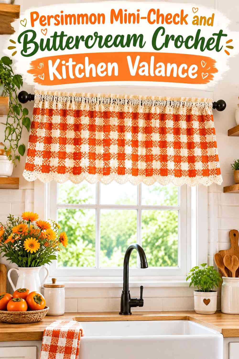 Persimmon Mini-Check and Buttercream Crochet Kitchen Valance