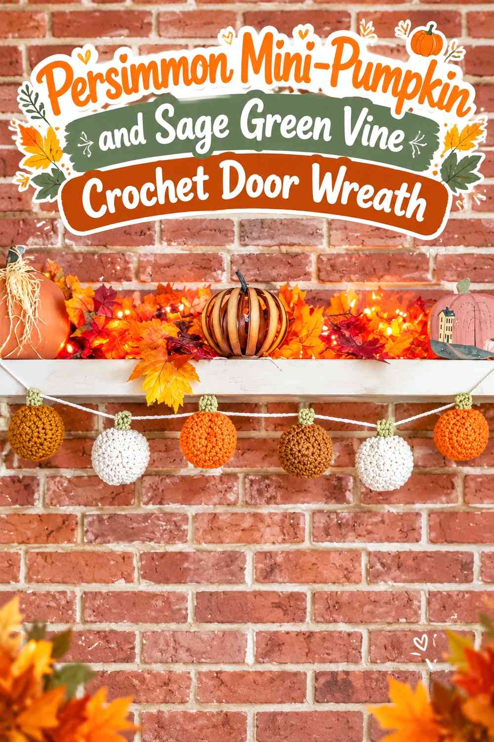 Persimmon Mini-Pumpkin and Sage Green Vine Crochet Door Wreath