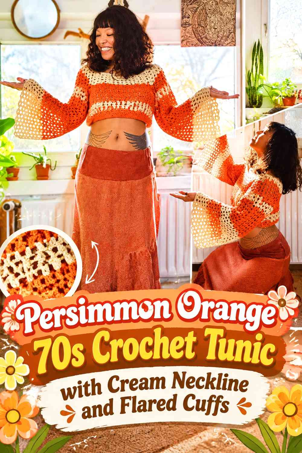 Persimmon Orange 70s Crochet Tunic with Cream Neckline and Flared Cuffs