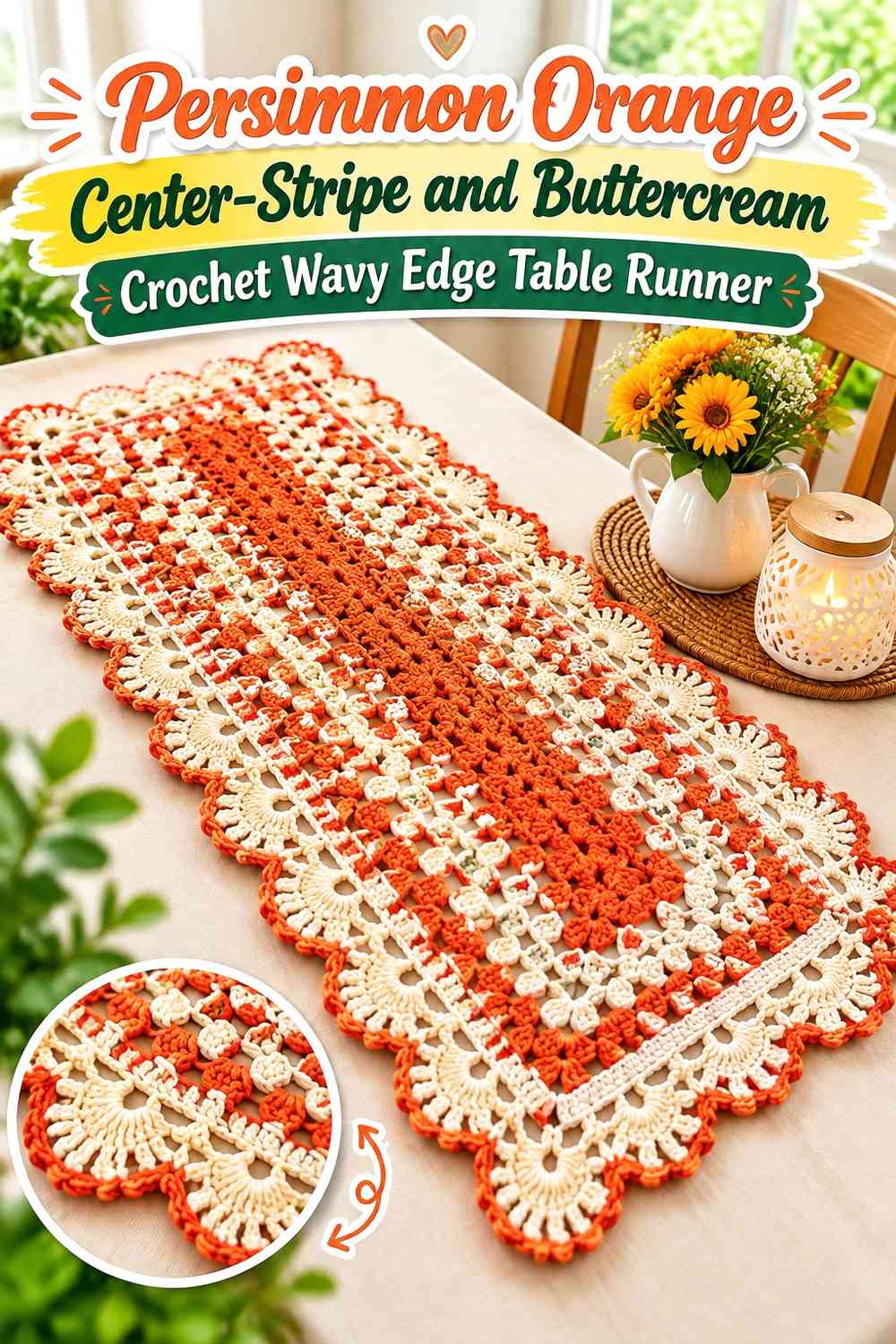 Persimmon Orange Center-Stripe and Buttercream Crochet Wavy Edge Table Runner
