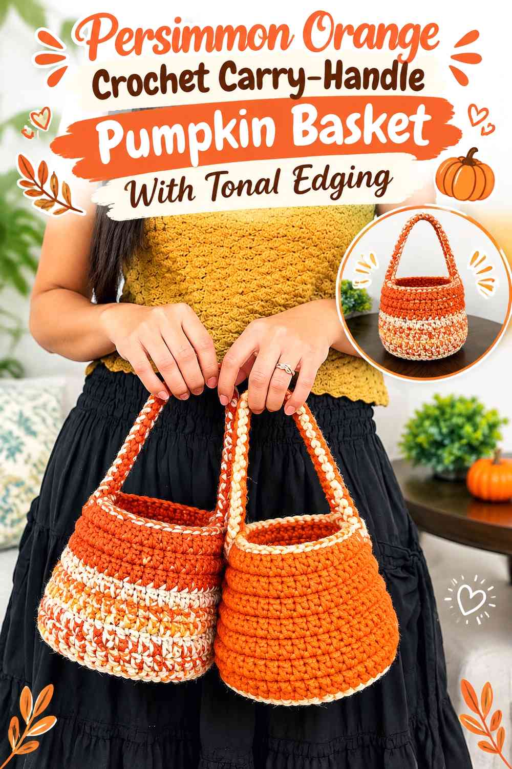 Persimmon Orange Crochet Carry-Handle Pumpkin Basket With Tonal Edging