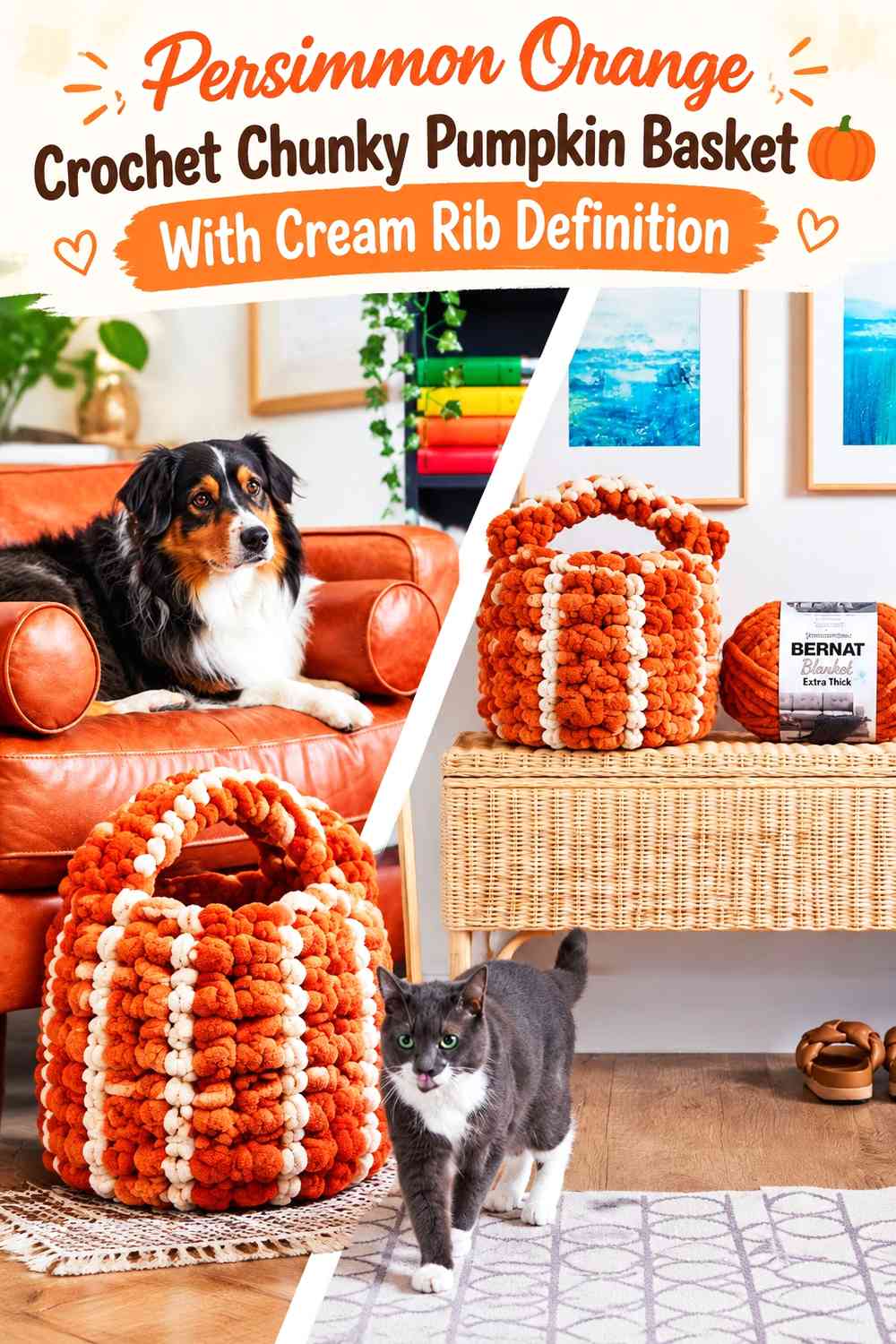 Persimmon Orange Crochet Chunky Pumpkin Basket With Cream Rib Definition