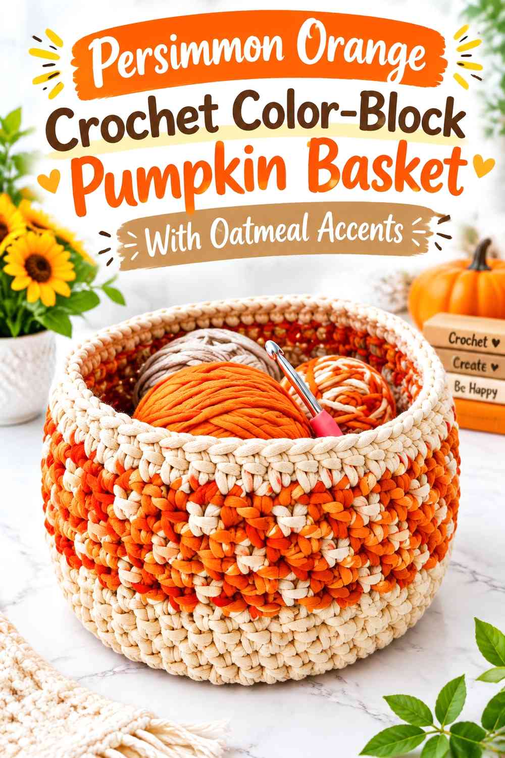 Persimmon Orange Crochet Color-Block Pumpkin Basket With Oatmeal Accents