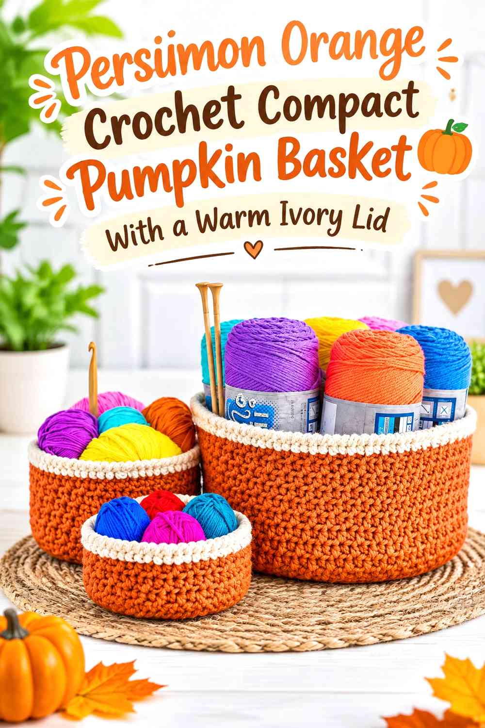 Persimmon Orange Crochet Compact Pumpkin Basket With a Warm Ivory Lid
