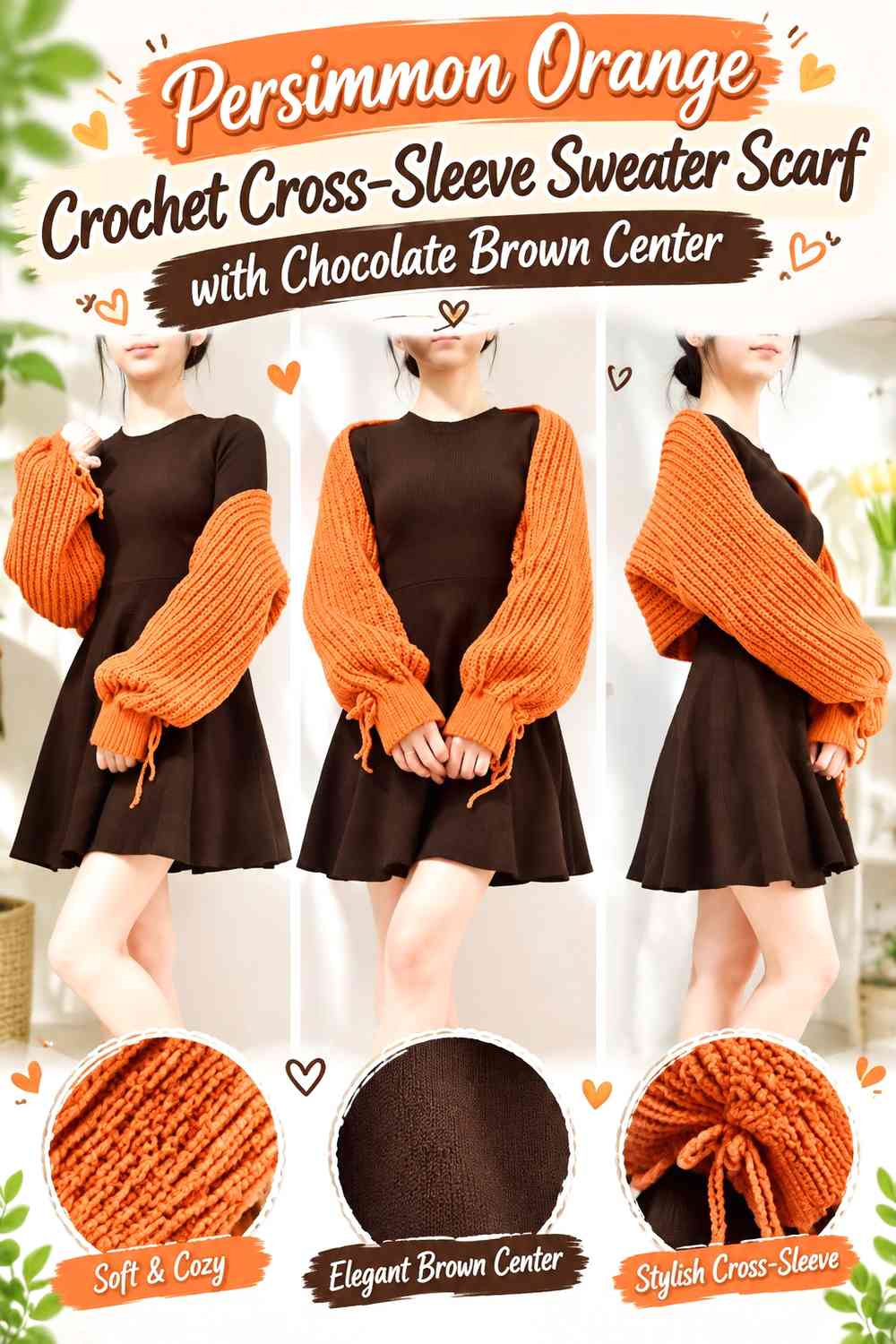 Persimmon Orange Crochet Cross-Sleeve Sweater Scarf with Chocolate Brown Center