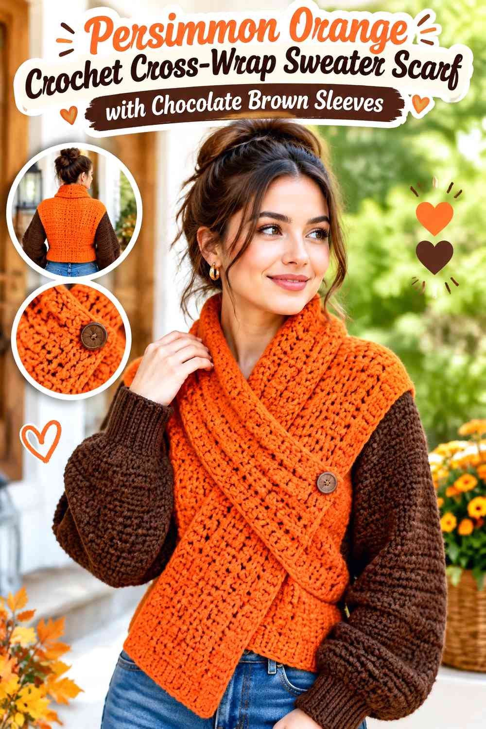 Persimmon Orange Crochet Cross-Wrap Sweater Scarf with Chocolate Brown Sleeves