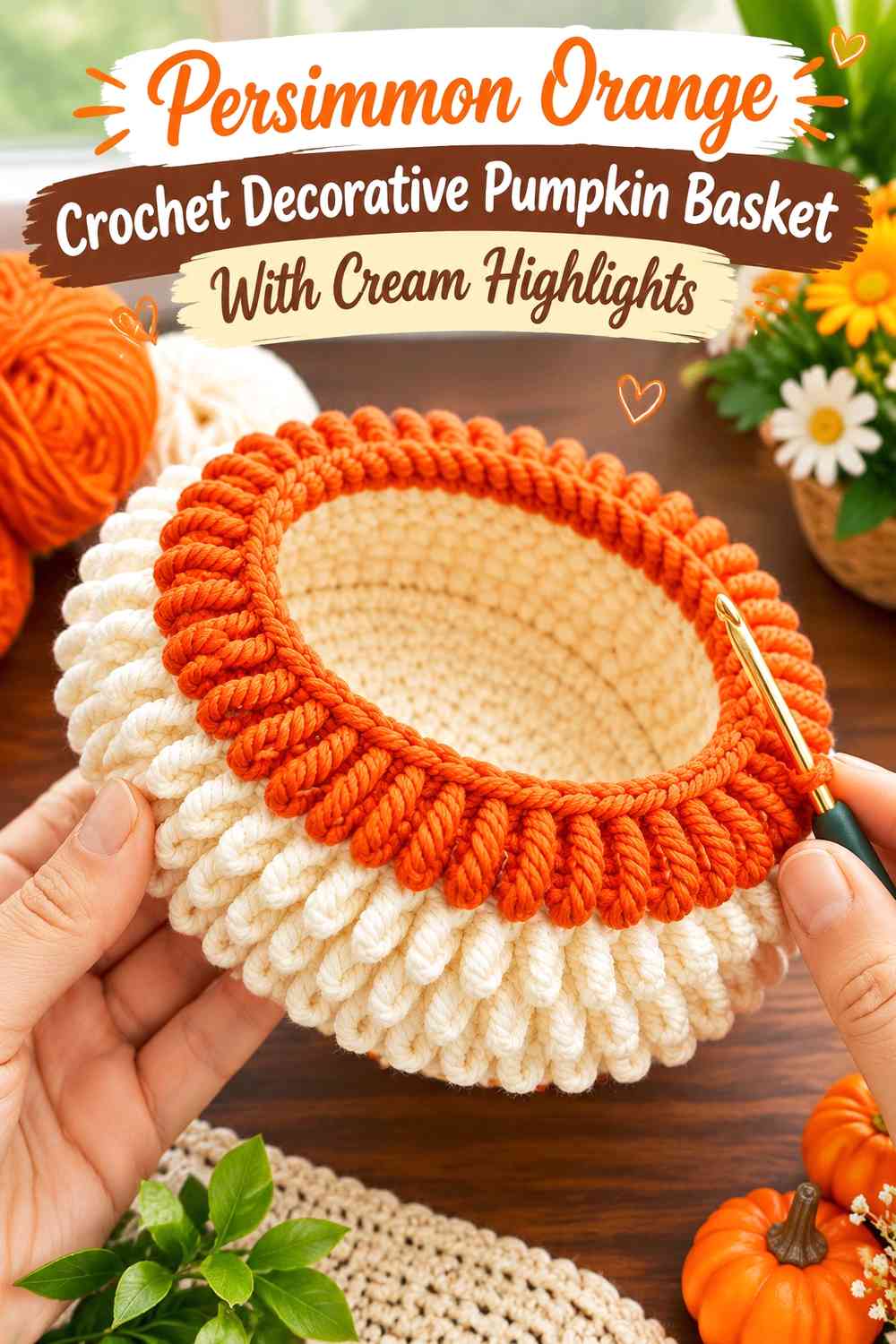 Persimmon Orange Crochet Decorative Pumpkin Basket With Cream Highlights