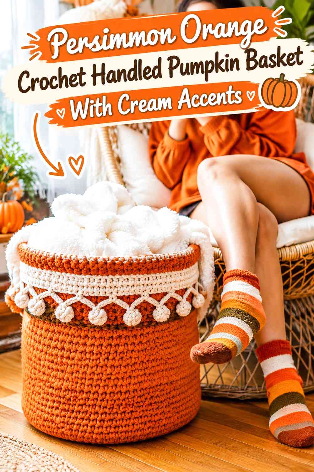 Persimmon Orange Crochet Handled Pumpkin Basket With Cream Accents
