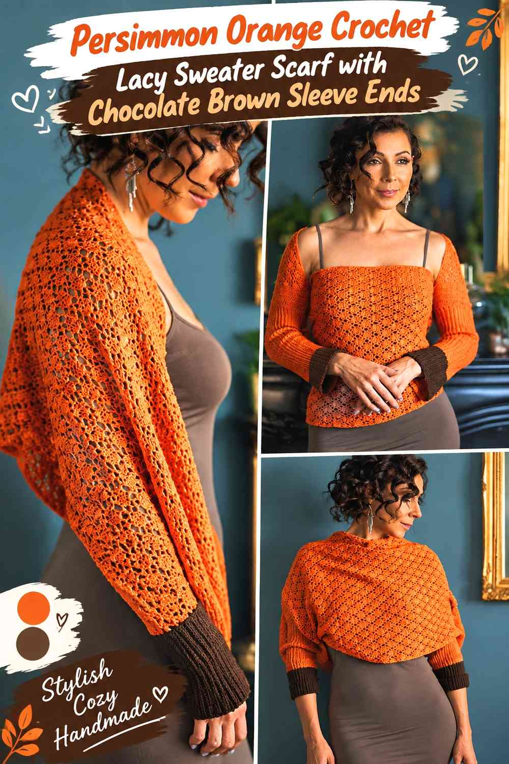 Persimmon Orange Crochet Lacy Sweater Scarf with Chocolate Brown Sleeve Ends