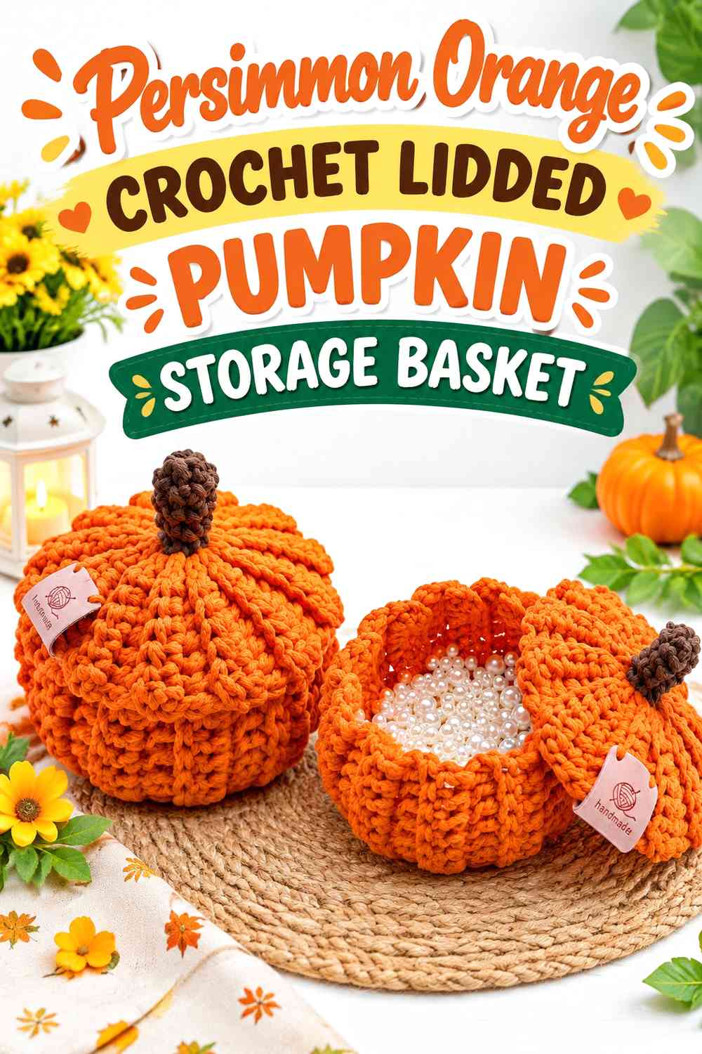 Persimmon Orange Crochet Lidded Pumpkin Storage Basket