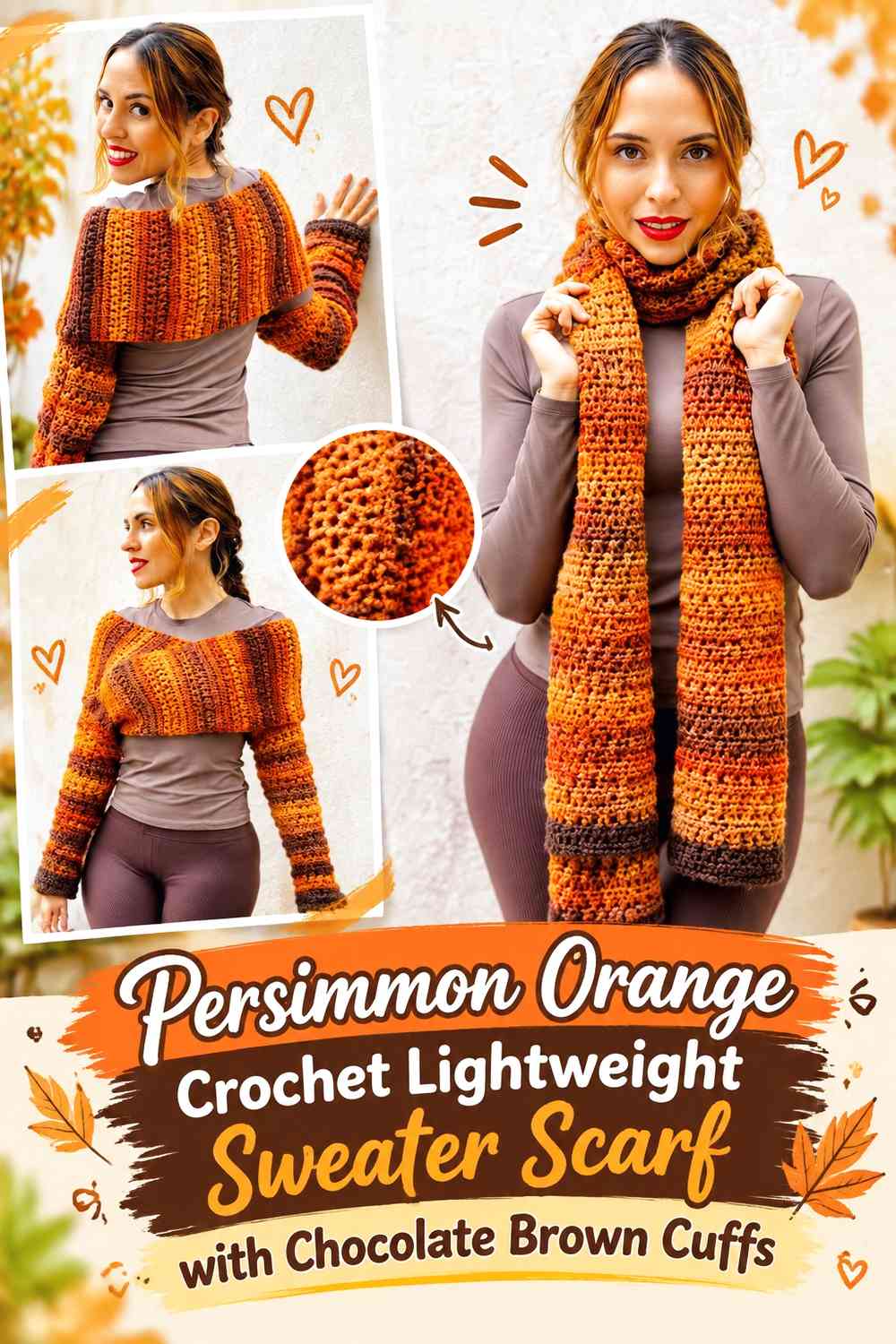 Persimmon Orange Crochet Lightweight Sweater Scarf with Chocolate Brown Cuffs