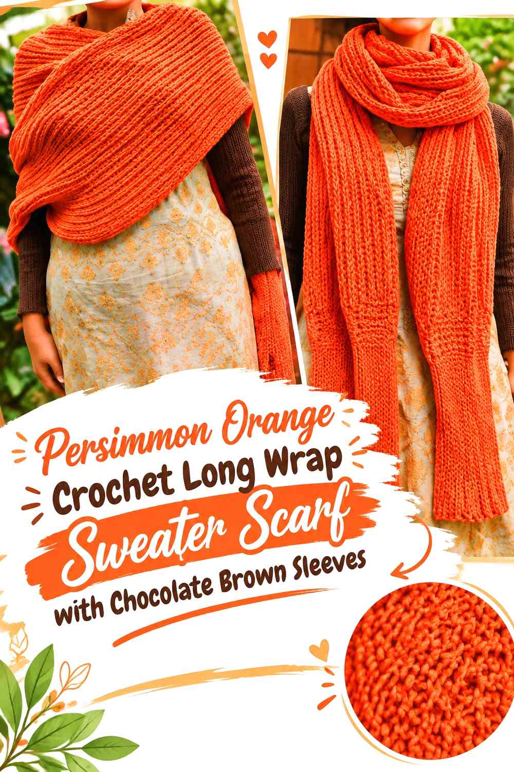 Persimmon Orange Crochet Long Wrap Sweater Scarf with Chocolate Brown Sleeves