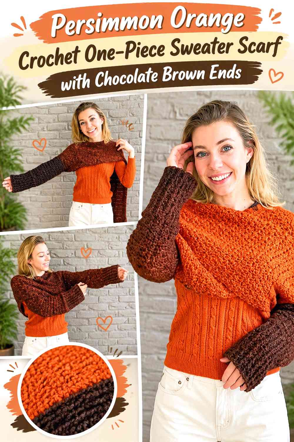 Persimmon Orange Crochet One-Piece Sweater Scarf with Chocolate Brown Ends