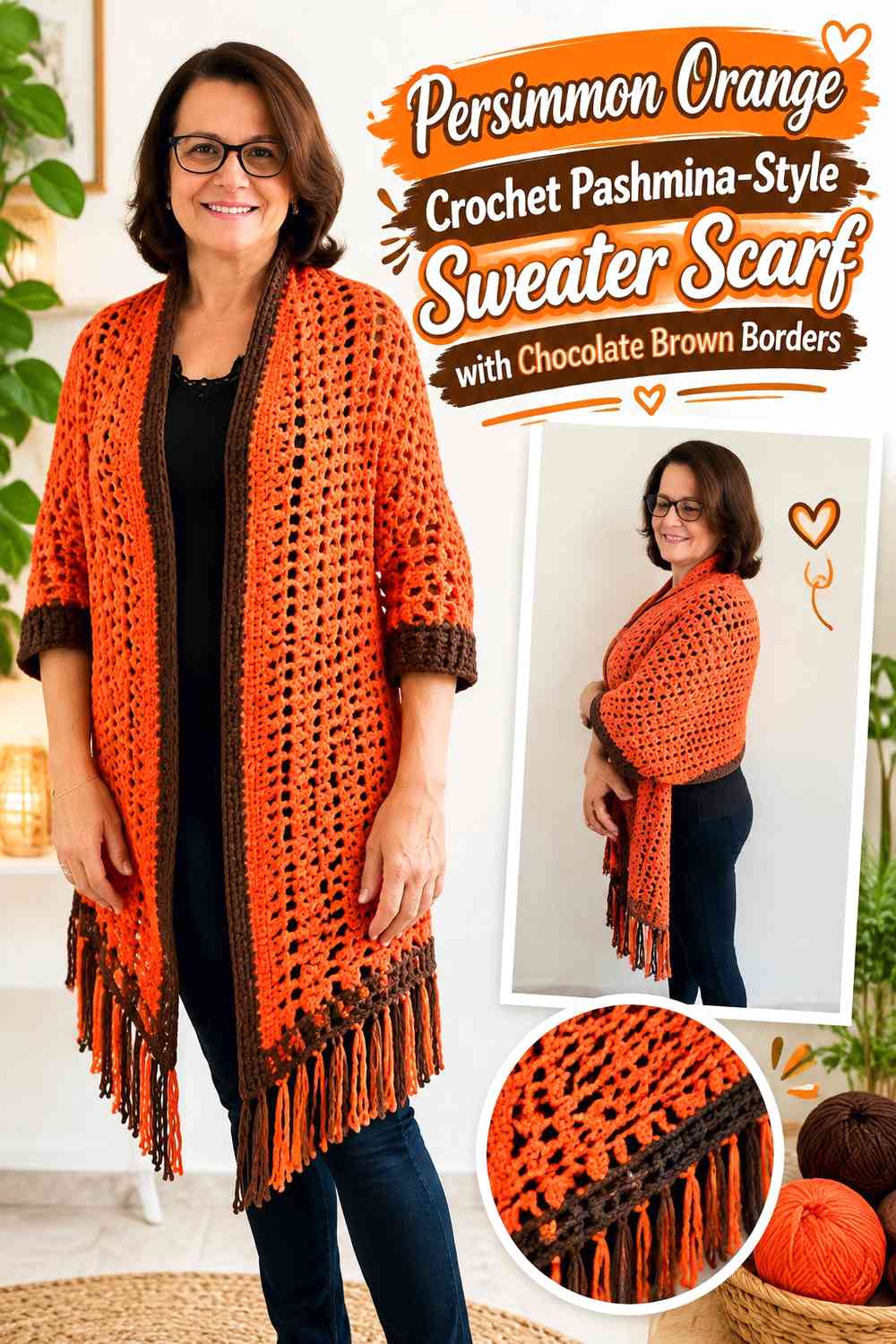 Persimmon Orange Crochet Pashmina-Style Sweater Scarf with Chocolate Brown Borders