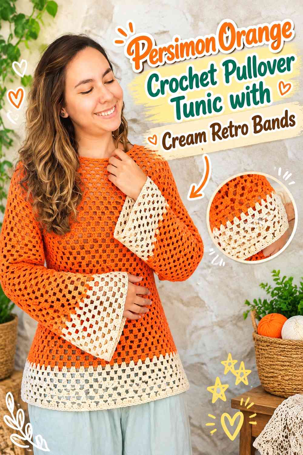 Persimmon Orange Crochet Pullover Tunic with Cream Retro Bands