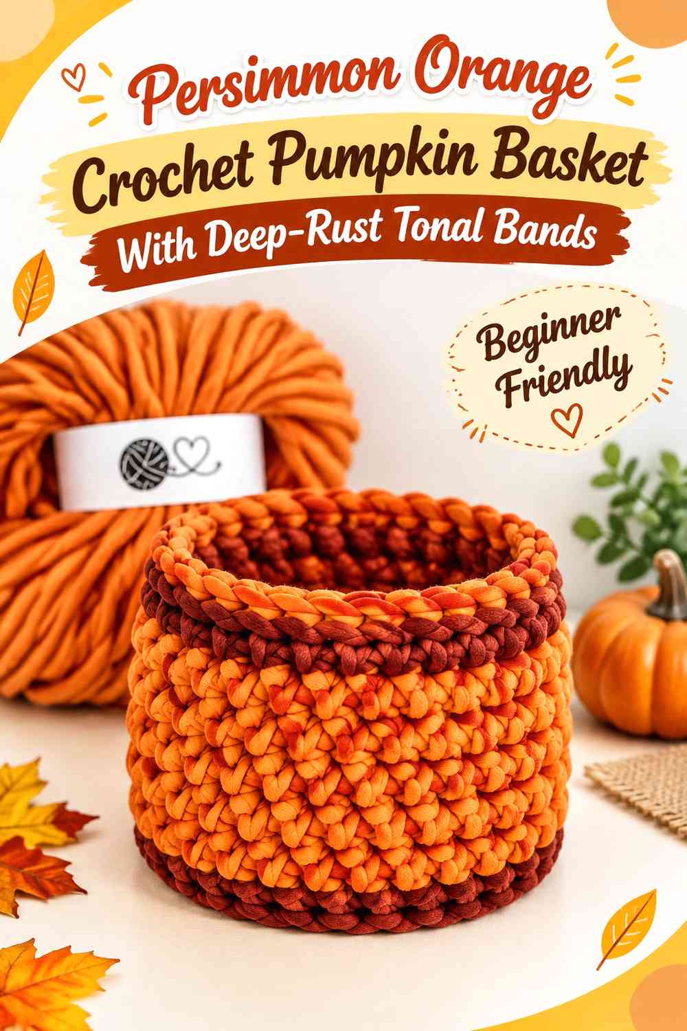 Persimmon Orange Crochet Pumpkin Basket With Deep-Rust Tonal Bands