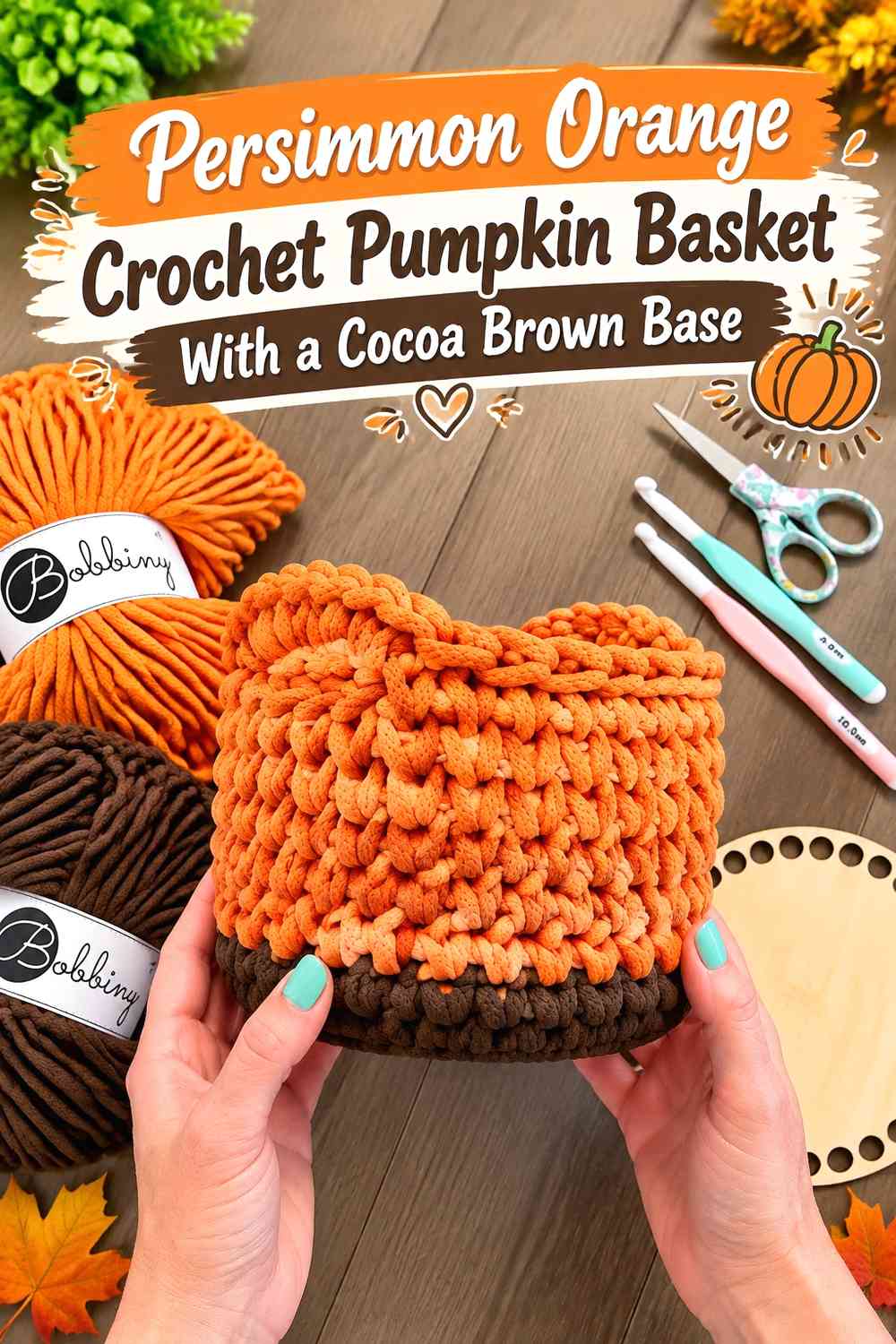 Persimmon Orange Crochet Pumpkin Basket With a Cocoa Brown Base
