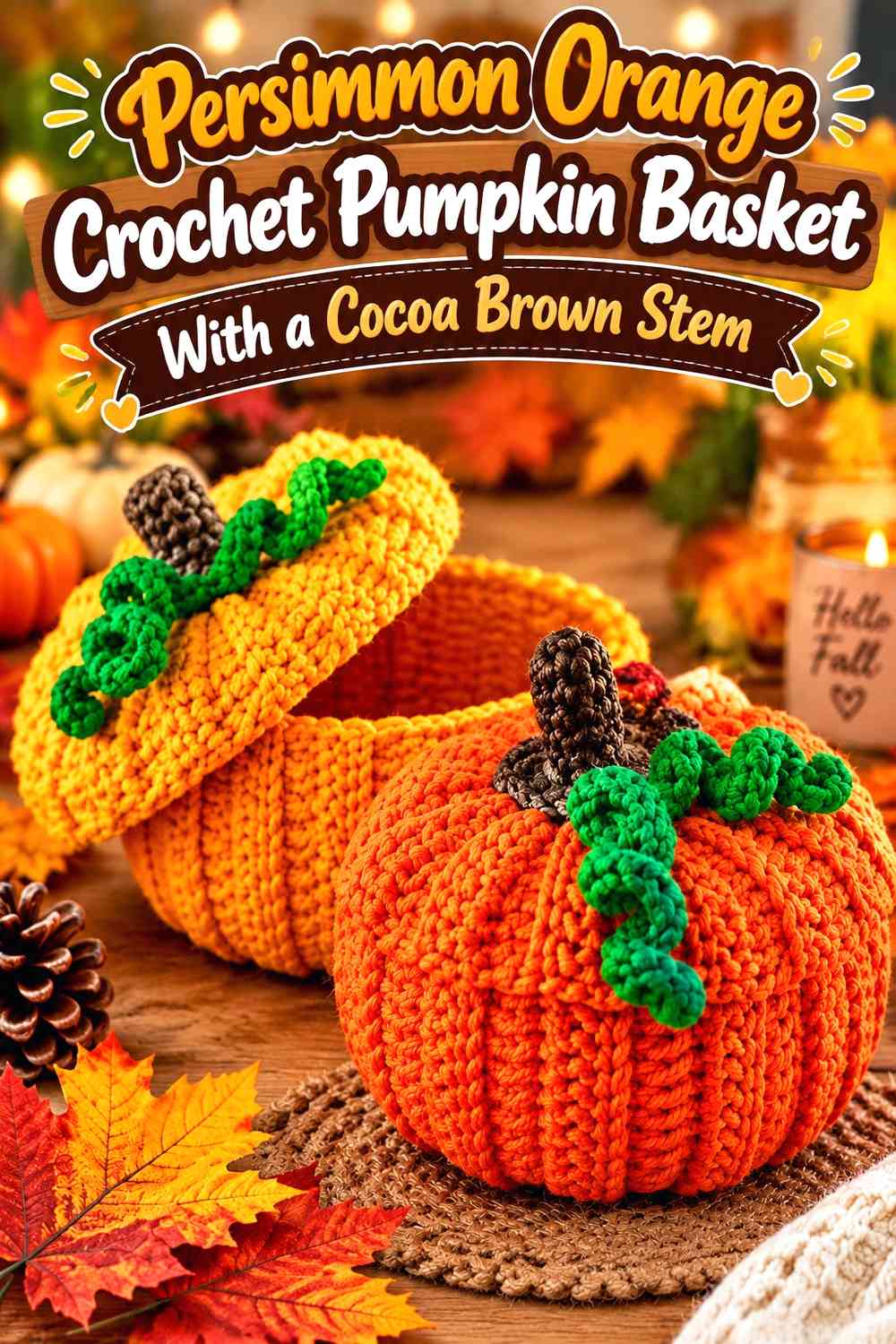 Persimmon Orange Crochet Pumpkin Basket With a Cocoa Brown Stem