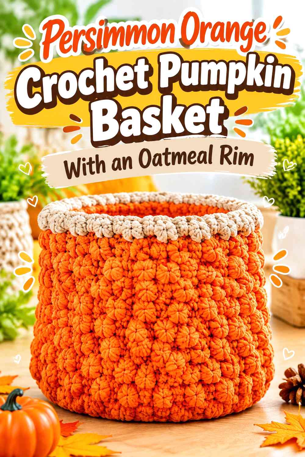 Persimmon Orange Crochet Pumpkin Basket With an Oatmeal Rim