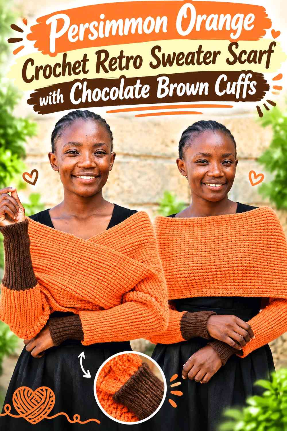 Persimmon Orange Crochet Retro Sweater Scarf with Chocolate Brown Cuffs