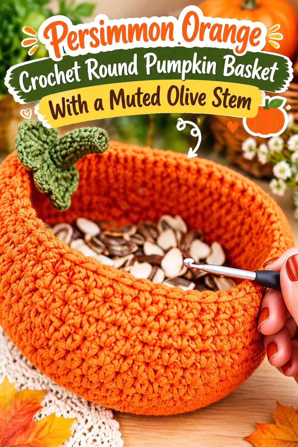 Persimmon Orange Crochet Round Pumpkin Basket With a Muted Olive Stem