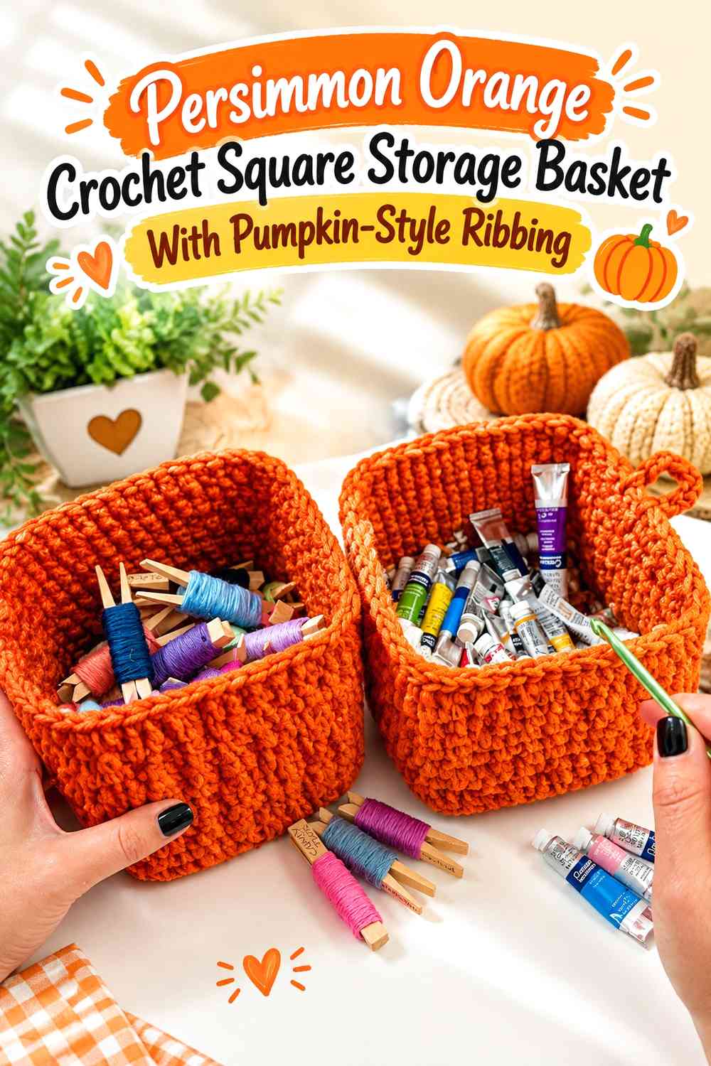 Persimmon Orange Crochet Square Storage Basket With Pumpkin-Style Ribbing