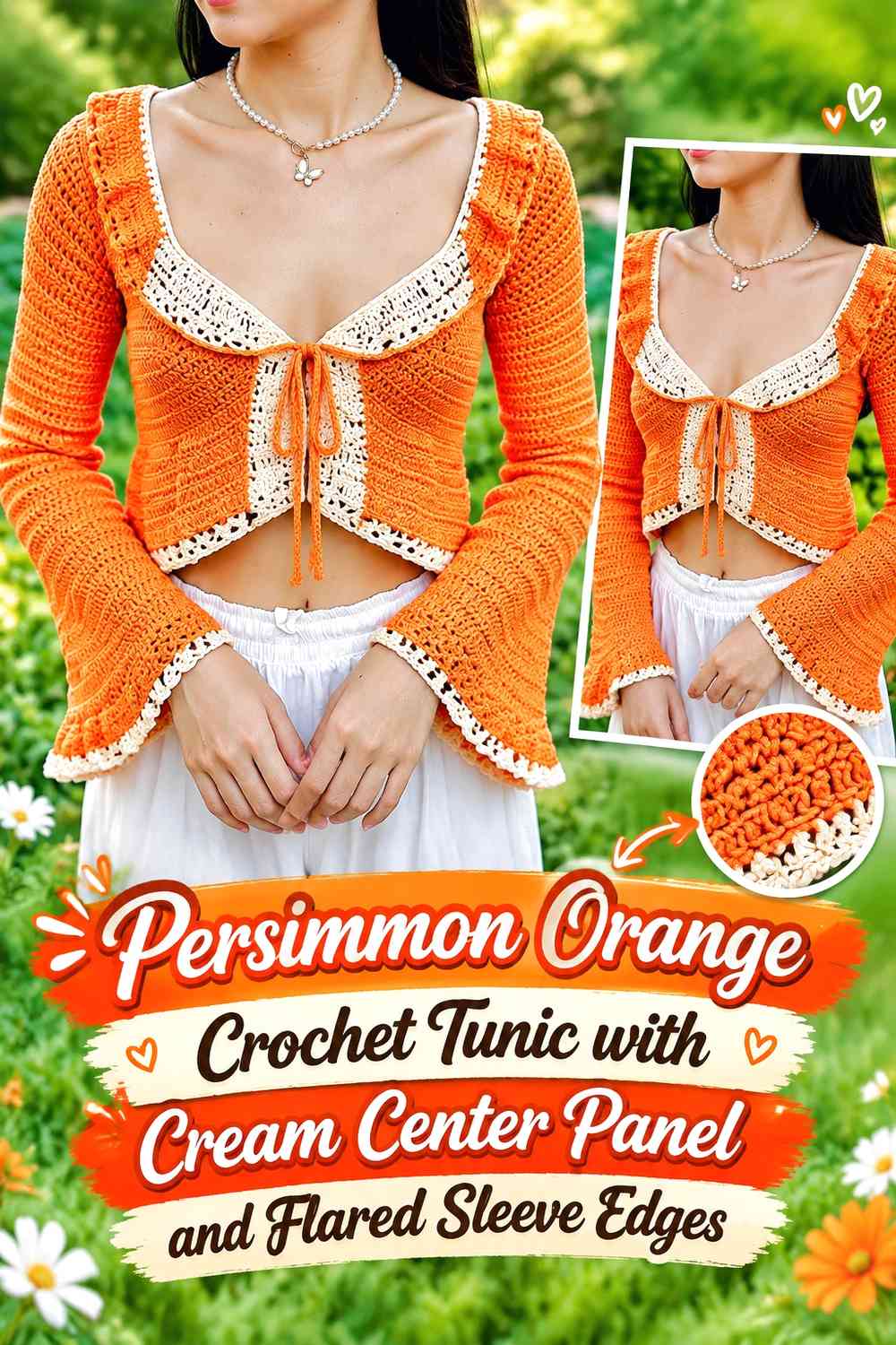 Persimmon Orange Crochet Tunic with Cream Center Panel and Flared Sleeve Edges