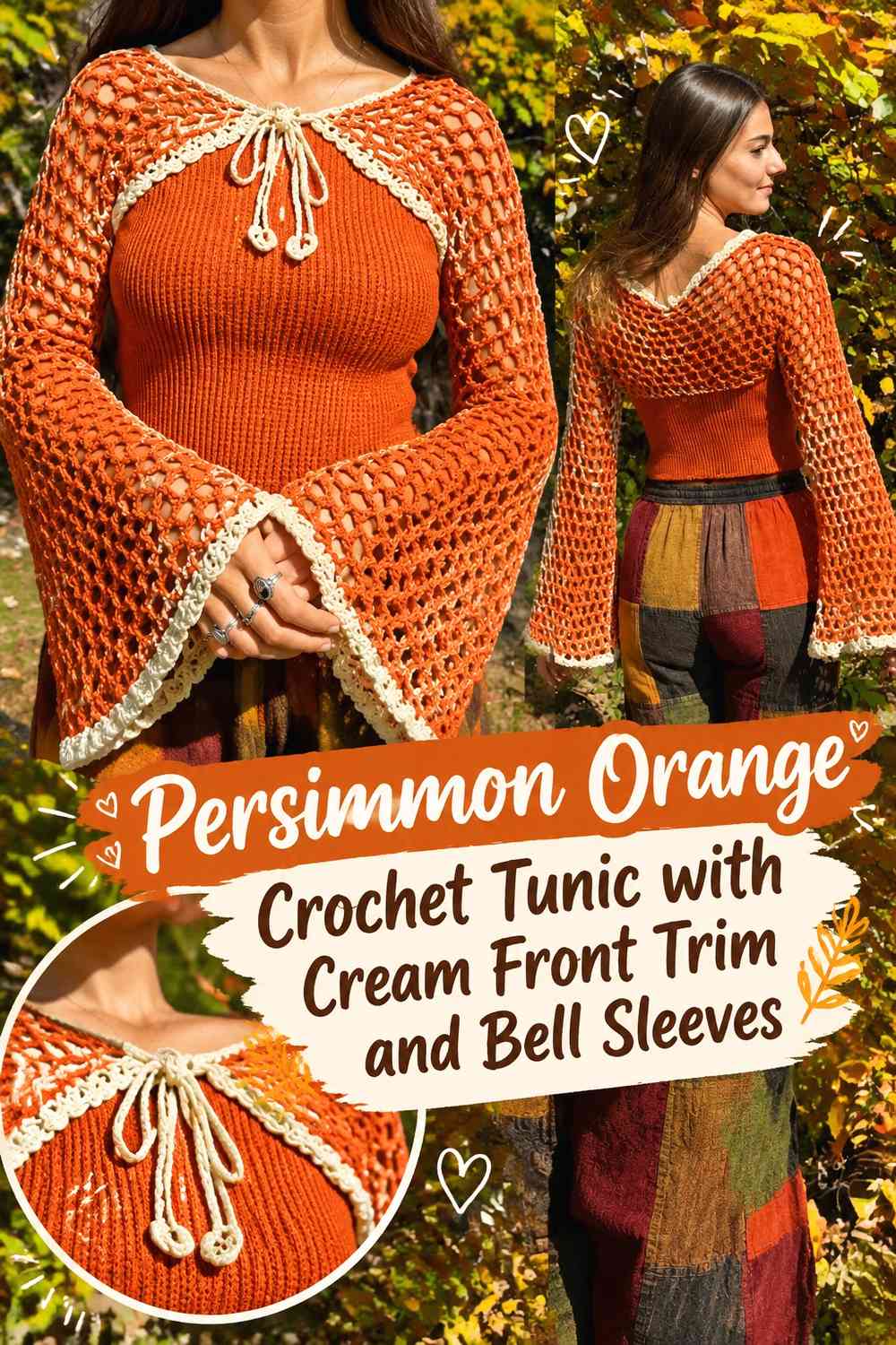 Persimmon Orange Crochet Tunic with Cream Front Trim and Bell Sleeves