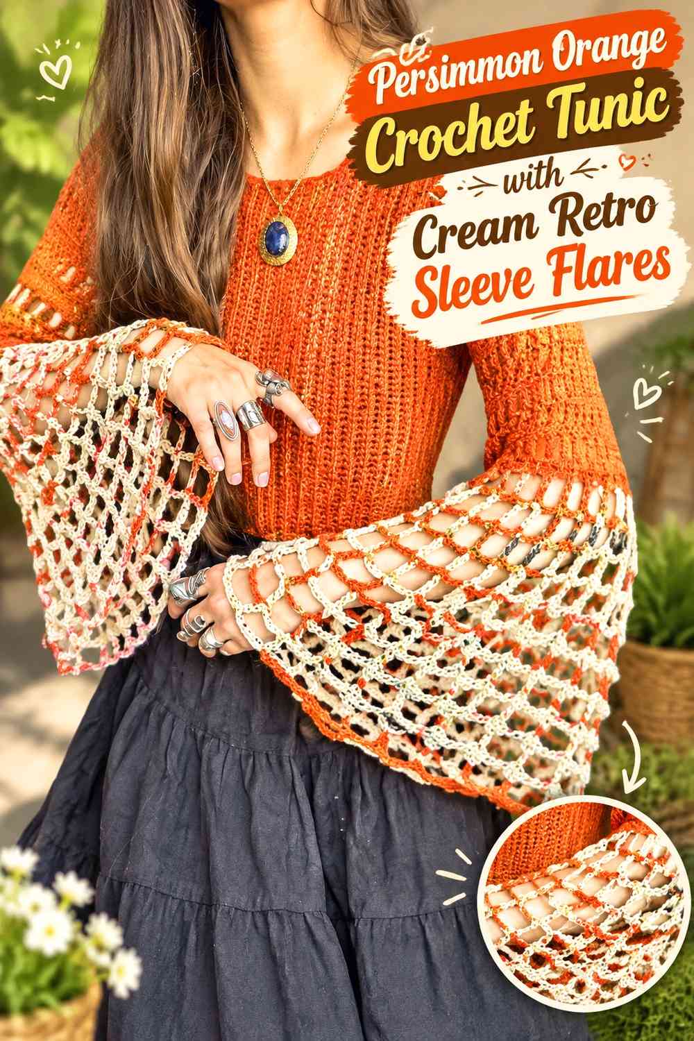Persimmon Orange Crochet Tunic with Cream Retro Sleeve Flares