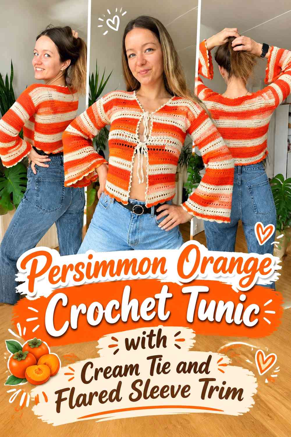 Persimmon Orange Crochet Tunic with Cream Tie and Flared Sleeve Trim