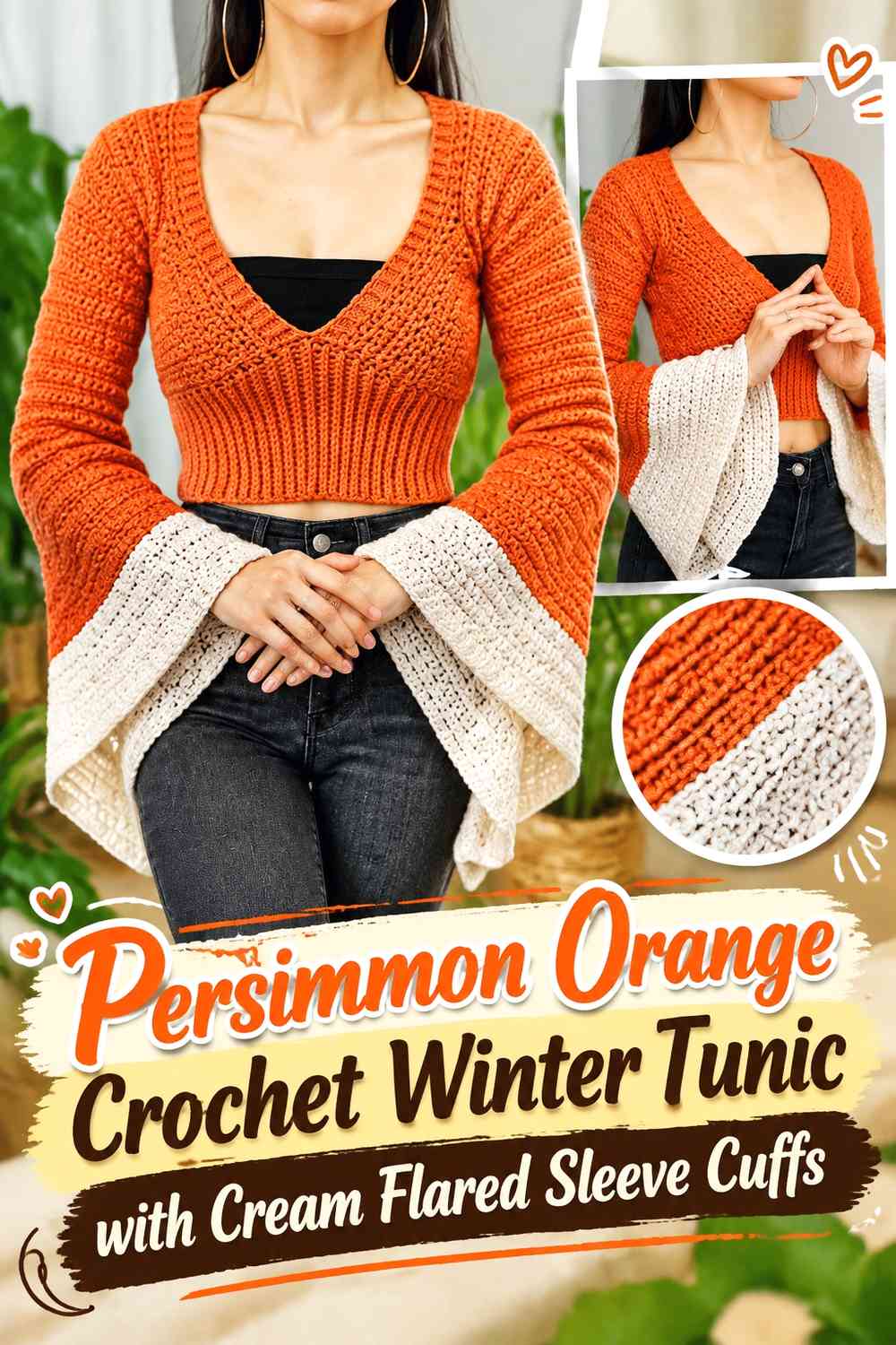 Persimmon Orange Crochet Winter Tunic with Cream Flared Sleeve Cuffs