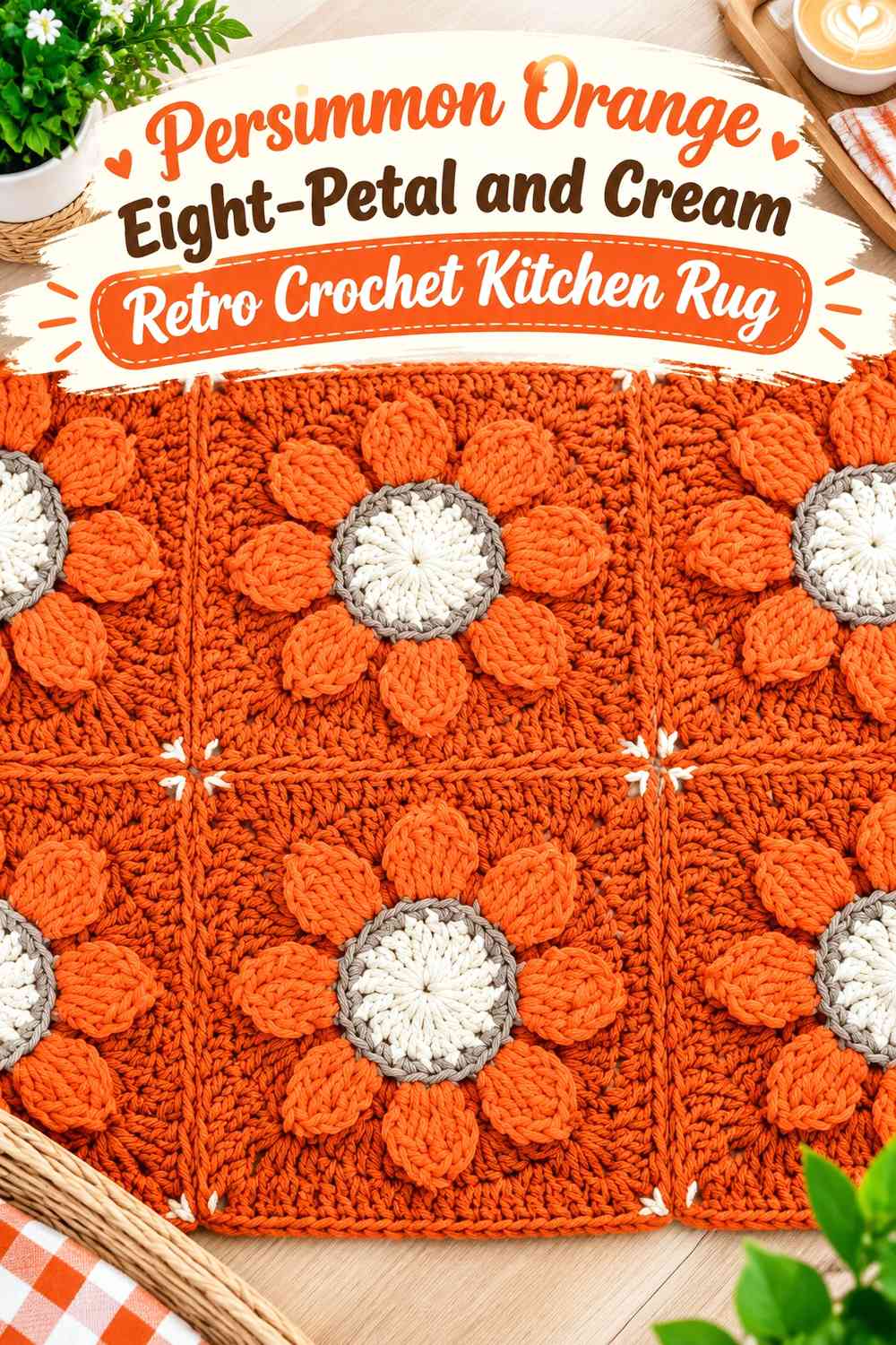 Persimmon Orange Eight-Petal and Cream Retro Crochet Kitchen Rug