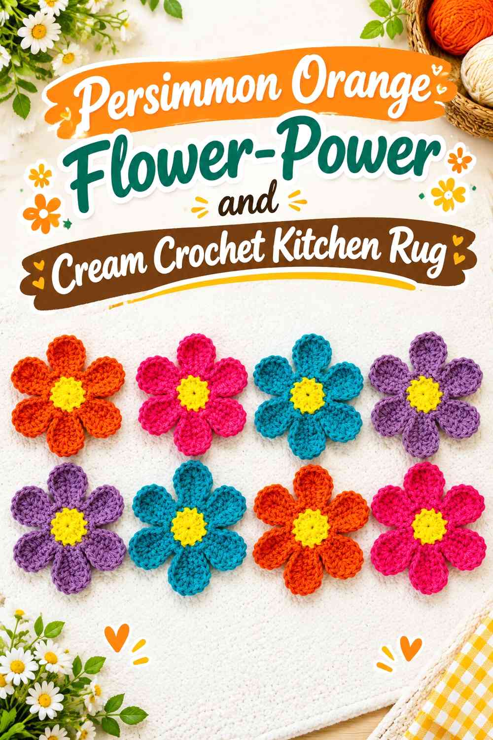 Persimmon Orange Flower-Power and Cream Crochet Kitchen Rug