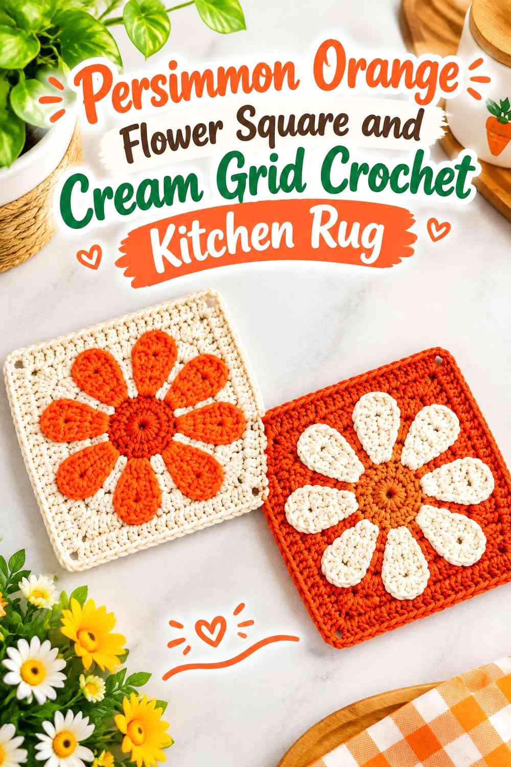 Persimmon Orange Flower Square and Cream Grid Crochet Kitchen Rug